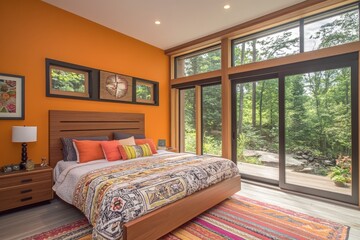 Poster - Cozy bedroom with large windows and vibrant orange wall overlooking lush greenery in a modern home