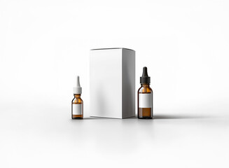 Poster - Brown dropper bottles and a white box are placed on a white surface. Minimalist design for pharmaceutical, cosmetic, or essential oil product mockups.