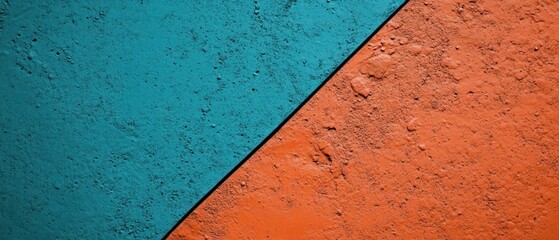 Poster - Vibrant abstract wall texture featuring a diagonal split between turquoise and orange, showcasing aged surfaces with rough patches