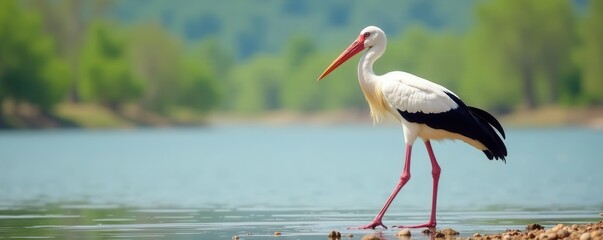 Majestic white stork, long legs & beak, isolated ,  ornithology,  beak