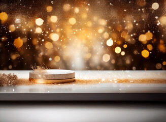 Aufkleber - Elegant podium display with golden bokeh and glitter. Round stage for product showcase.