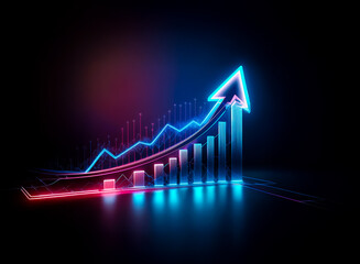Poster - Bright neon graph with upward arrow and bar chart on black. Glowing blue and red lines show growth and progress in futuristic style.