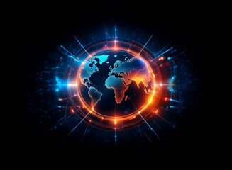 Leinwandbilder - Vibrant glowing globe on black. Electric blue and fiery orange light illuminates world, encircled by rings and radiating beams.