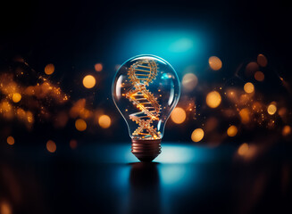 Poster - A glowing light bulb encases a DNA helix, symbolizing scientific innovation and ideas. Bokeh lights on a dark background add depth to the image.