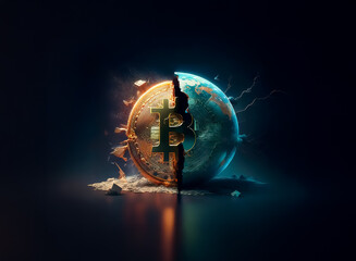 Aufkleber - A sphere split in half, one side resembling a golden coin and the other a blue globe, separated by a crack with energy sparks, against a dark background.
