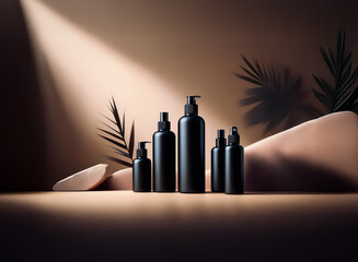 Poster - Sleek black bottles of varying sizes are displayed on a beige surface with soft lighting and leaf shadows creating a minimalist cosmetic product scene.