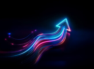 Poster - A glowing arrow of vibrant blue and pink light streaks curves up on dark backdrop, suggesting progress and forward movement.