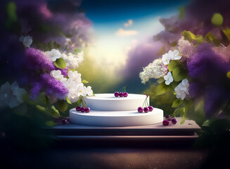 Poster - White podium displays cherries among vibrant purple and white flowers under soft light in a dreamy garden setting.