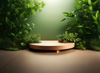 Poster - Round wooden platform surrounded by vibrant green foliage, creating a natural and organic environment for product showcase or backdrop.