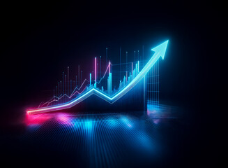 Leinwandbilder - Neon arrow chart, glowing with vibrant blue and pink light, ascends against a dark backdrop. Symbolizes growth, progress, and positive trends in a futuristic style.