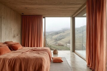 Aufkleber - cozy bedroom with orange linens and stunning mountain view during cloudy morning