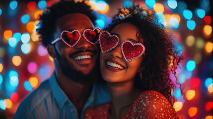 Wall Mural - A couple laughing in a photo booth with Valentine’s Day props like heart-shaped glasses, love signs, and a backdrop of twinkling fairy lights, vibrant colors