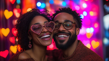 Wall Mural - A couple laughing in a photo booth with Valentine’s Day props like heart-shaped glasses, love signs, and a backdrop of twinkling fairy lights, vibrant colors