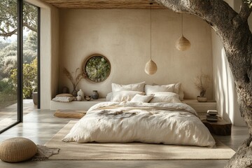 Poster - Cozy and serene bedroom design with natural elements and light tones in a tranquil setting