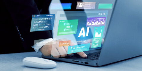 Poster - Person using laptop with Ai Content Generator. Interaction with the Ai assistant to solve some tasks more easily. Image generator, documents, marketing and advertising, bot writing and coding.	