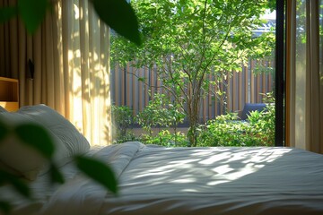Aufkleber - Cozy bedroom with sunlight filtering through curtains and a view of lush greenery outdoors in a tranquil setting