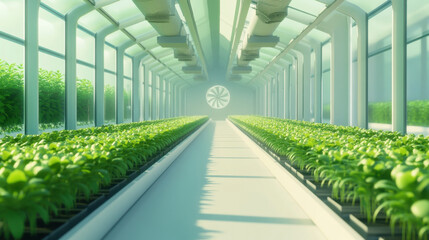 Wall Mural - large greenhouse with rows of seedlings, featuring bright green plants and modern design. atmosphere is serene and vibrant, showcasing beauty of nature