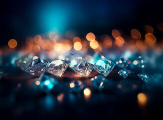 Poster - Sparkling diamonds catch the light, scattered on a dark surface with a bokeh background.  The facets reflect orange and blue hues, creating a luxurious and elegant scene with depth.