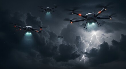 dramatic flight of drones in a dark stormy sky with lightning powerful technology aerial photography