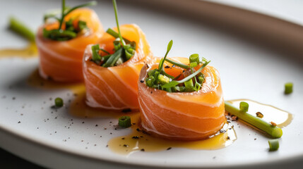 Wall Mural - Fresh salmon rolls with green onions and herbs, beautifully plated. This dish showcases vibrant colors and elegant presentation, perfect for gourmet dining