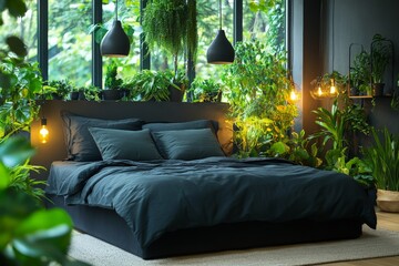 Aufkleber - Cozy bedroom filled with lush greenery and ambient lighting in a modern urban home