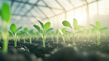 Wall Mural - sunlit greenhouse interior showcases vibrant green seedlings emerging from rich soil, symbolizing growth and renewal in nurturing environment