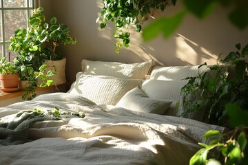 Poster - Cozy bedroom with plants and natural light creating a serene atmosphere in a peaceful morning setting