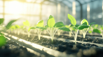 Wall Mural - Fresh green seedlings thrive in sunlit greenhouse, showcasing vibrant leaves and rich soil. warm light enhances growth atmosphere, creating nurturing environment for plants