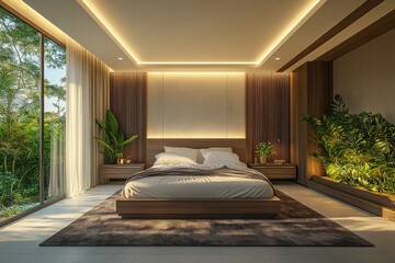 Canvas Print - Modern bedroom with natural light and greenery during early morning hours