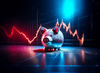 Poster - A cracked piggy bank sits in front of a downward trending financial graph, illuminated in red and blue lights, suggesting economic hardship or financial loss.