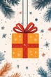 © Hryhor Denys - A colorful gift box decorated with a bright ribbon hangs in a cheerful winter environment filled with snowflakes and pine branches, creating a festive atmosphere