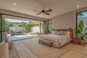 Poster - Modern bedroom overlooking a tropical pool area in a serene, natural setting