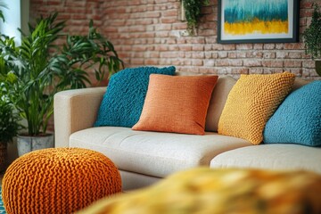 Aufkleber - Cozy living room featuring a comfortable sofa with vibrant cushions and decorative plants in a stylish interior