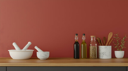 Wall Mural - Modern kitchen countertop with olive oil, spices, and mortar and pestle against a terracotta wall; perfect for culinary blogs or food websites