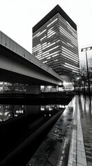 Wall Mural - Modern skyscraper at night, reflected in water, elevated roadway in foreground, urban background; ideal for architecture, cityscapes, and business contexts