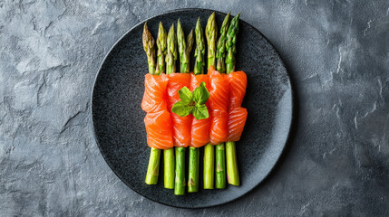 Wall Mural - Fresh asparagus and smoked salmon arranged beautifully on dark plate, garnished with mint leaf, creating vibrant and appetizing dish. Perfect for healthy dining