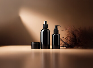 Poster - Black cosmetic bottles and jar set with pump and spray, styled with a feather on a neutral brown background in soft light.