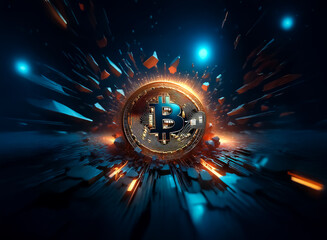 Aufkleber - A central Bitcoin coin appears to burst outward with powerful force, breaking into fragments with glowing light emanating from the center on a dark backdrop.