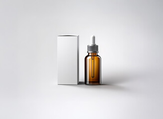 Poster - Amber bottle with dropper and white box stand on a plain background. Minimalist studio product shot for cosmetic or pharmaceutical use.
