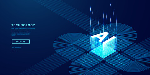 Fototapete - AI isometric futuristic chip with electric circuit wires on technology background. Artificial Intelligence hologram logo on light glowing semiconductor. Tech bg. Data flow. Vector illustration.
