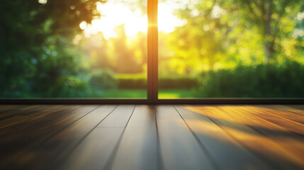 Wall Mural - serene view of sunlit garden through large window, showcasing warm wooden flooring and vibrant greenery outside. sunlight creates peaceful atmosphere, inviting relaxation