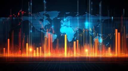 Poster - Global Financial Market Data Visualization, Vector Design with Candlestick Chart and World Map