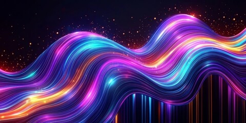 Aufkleber - Abstract Luminous Waves, Flowing Ribbon of Blue, Magenta, and Orange on a Dark Background