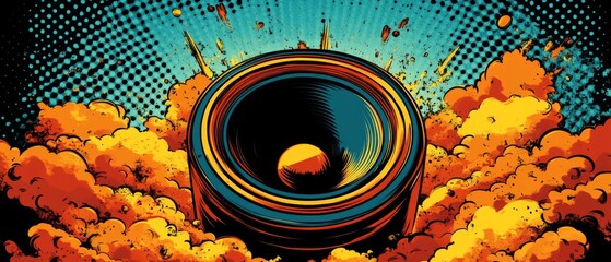 Poster - A dynamic visual showcases a large speaker with radiating sound waves surrounded by bright orange clouds, embodying energy and creativity