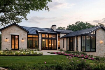 Wall Mural - A contemporary stone house featuring expansive windows and a beautifully landscaped garden is illuminated by the soft glow of evening light, situated in a peaceful residential neighborhood