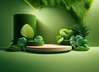 Poster - A wooden podium surrounded by green leaves and moss against a soft green backdrop creates a natural, fresh, and organic scene. Perfect for product display.