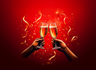 Poster - Two hands clink glasses of champagne against a red heart backdrop. Confetti and ribbons swirl around, creating a festive, celebratory atmosphere.