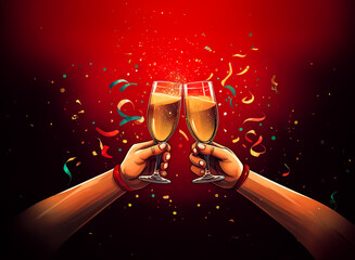 Poster - Two hands raise sparkling champagne glasses in a celebratory toast. Confetti and glitter fall against a vibrant red backdrop, creating a festive atmosphere.