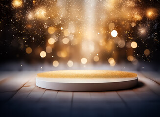 Aufkleber - Golden stage platform under sparkling bokeh lights. Wooden floor for elegant product display or festive celebration.