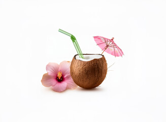 Aufkleber - Refreshing tropical drink served in a coconut shell, adorned with a small pink umbrella and a green straw. A pink hibiscus blossom is placed beside it on a clean white background.